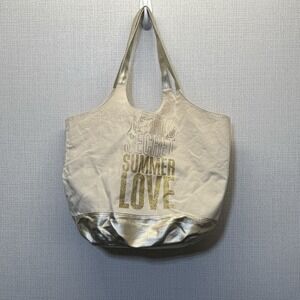 VS Victorias Secret Canvas Gold Glitter Summer Love‎ Beach Library Tote Bag